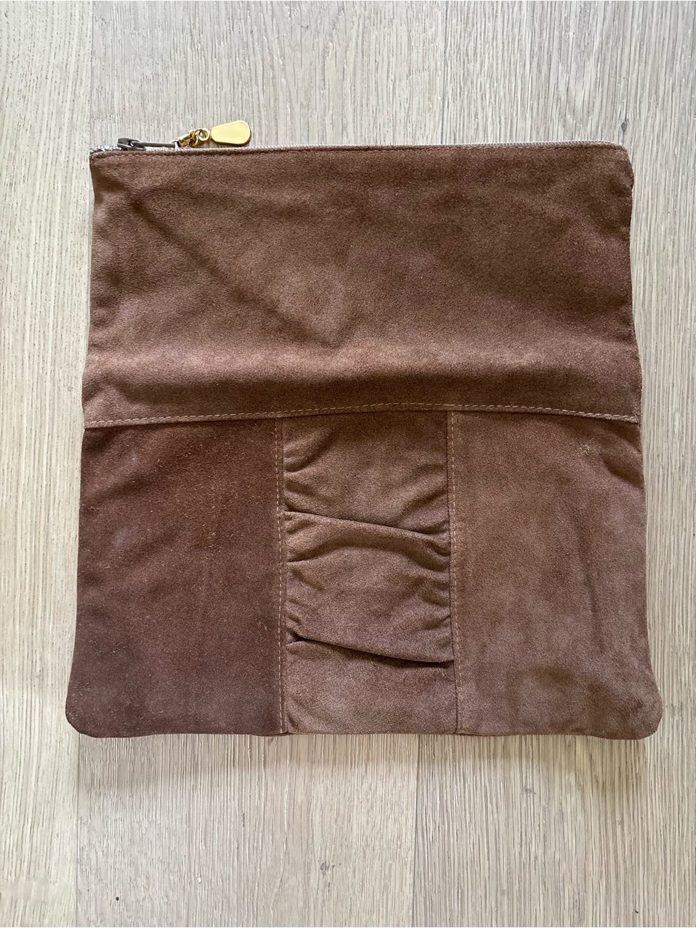 Suede Fold-Over Clutch Handbag, Genuine Leather, Italy, Brown, Gold-Tone, Fall